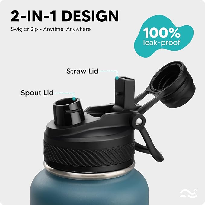 [2-IN-1 LID] Insulated Water Bottle with Silicone Boot (36hrs Cold/18hrs Hot) - DIY Stickers, Leakproof, BPA Free, 40 oz