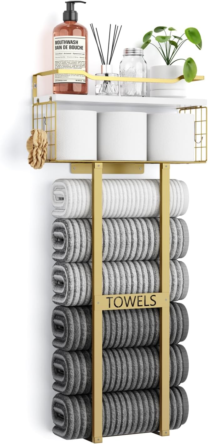 Towel Racks for Bathroom - Wall Mounted Metal Rack with Wood Plank, Bathroom Storage Organizer, Towel Holder Stores 6 Large Rolled Towels Easily, Gold and Size XL 31"