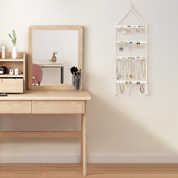 Mkono Hanging Jewelry Organizer Macrame Necklace Holder Wall Mounted Jewelry Hanger Earring Holder Organizer Boho Decor Over Door Jewelry Display Necklace Rack for Necklaces Bracelets Earrings