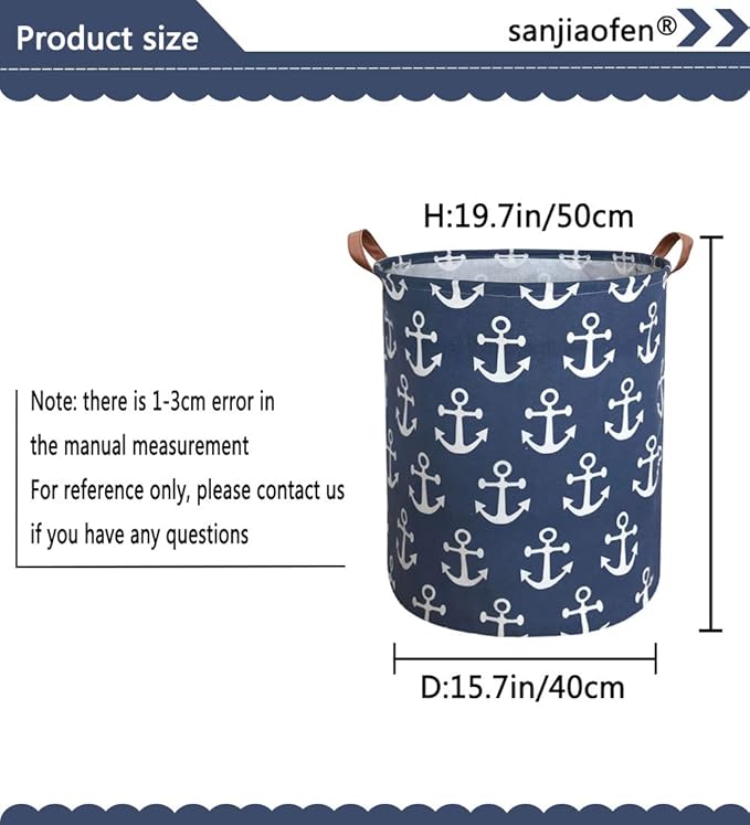 Kids Hamper,Collapsible Laundry Baskets,Waterproof Storage Baskets with Leather Handle,Nautical Decor,Toy Organizer (Navy Blue Anchor)