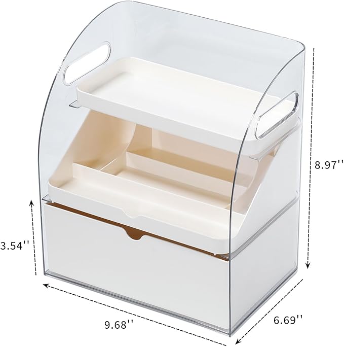 FABROK 3-Layer Desk Organizer with Drawer, Clear Office Supplies and Desk Accessories Organizer with Handle, Desktop Storage for Stationery（Cream）
