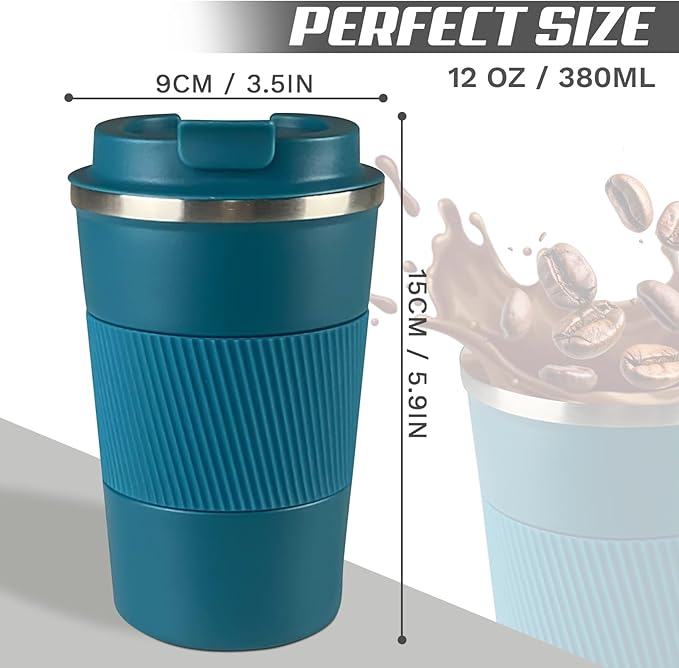 Vacuum-Insulated Stainless Steel Travel Coffee Mug, Leak-Proof Reusable Coffee Cup with Lid - Keep Hot & Cold Drinks for Hours, Durable Insulated Tumbler for Men & Women(3rd-Blue, 12OZ)