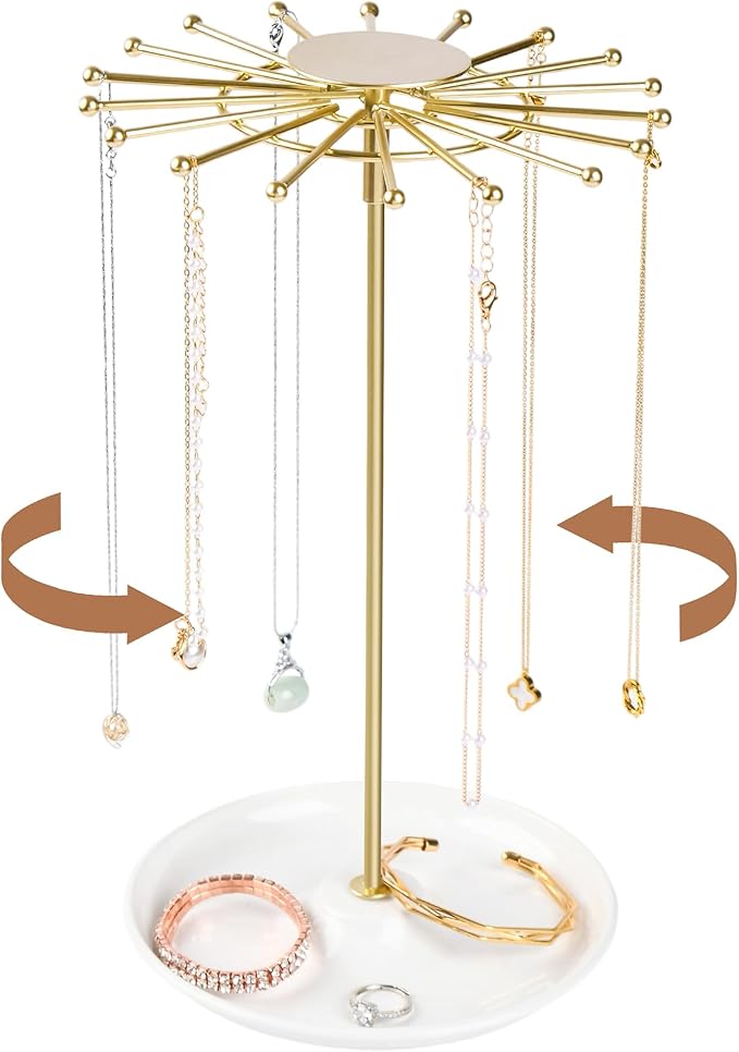 AmaQueen Rotating Necklace Hanger Organizer Tree with Jewelry Tray, Gold Spinning Necklace Chain Display Holder Stand Storage (Golden)