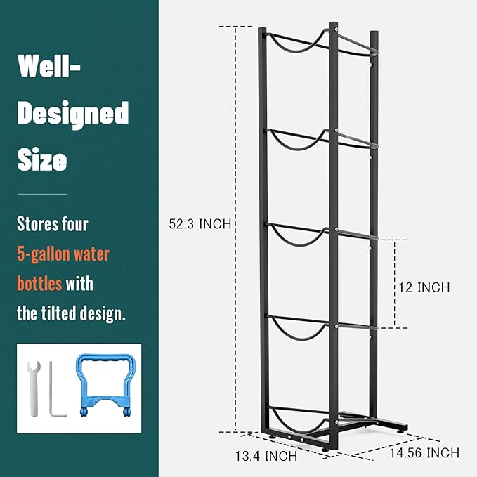 MYLOLF 5 Gallon Water Jug Rack: 5 Tier 5 Gal Bottle Holder Stand for Home Kitchen Garage Office - Saving Space & Black