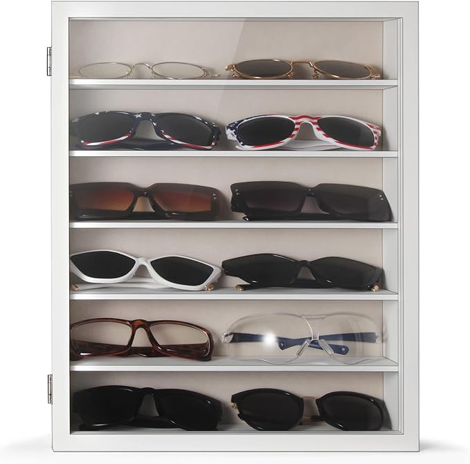TJ.MOREE Sunglasses Organizer Storage Wall Mounted: 13 x 15.6 inches Eyewear Display Case Rustic Wood Eyeglasses Holder Large Glasses Storage Box,White