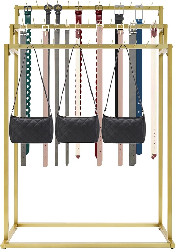 Belt Hanger, 3 Tier Freestanding Belt Display Rack with 39 Hooks, Tie Racks Belt Organizer Purse Hangers, Floor Mounted Retail Display for Belts, Ties, Scarves (Gold)