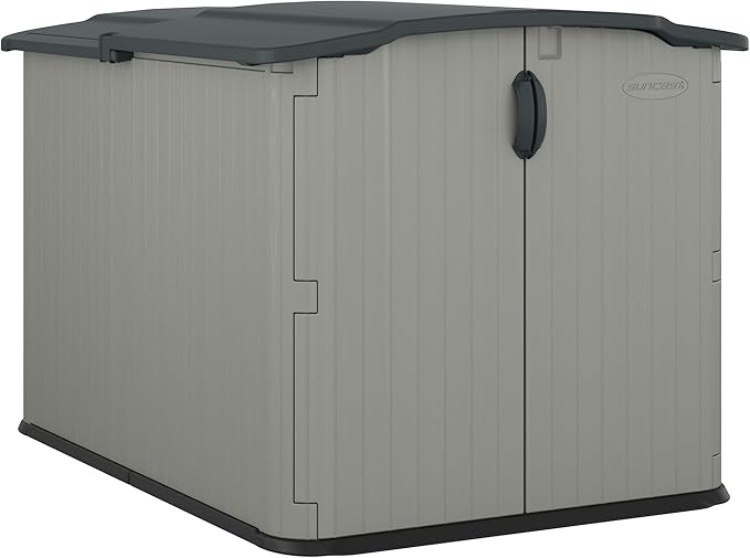 Suncast 138 Cu Ft Horizontal Outdoor Storage Shed, 57.5"x79.75"x52" Glidetop Outdoor Shed with Sliding Lid, Resin Storage Sheds with Floor for Bikes, Motorcycles, & Lawn Mower, Made in The USA