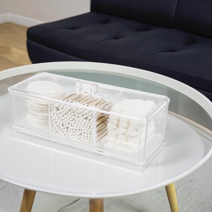 Clear Bathroom Dresser Organizer - Cotton Ball Swab Holder with 3 Divided Compartments&Lid, , Waterproof Transparent Small Plastic Storage Containers, Vanity Makeup Organization