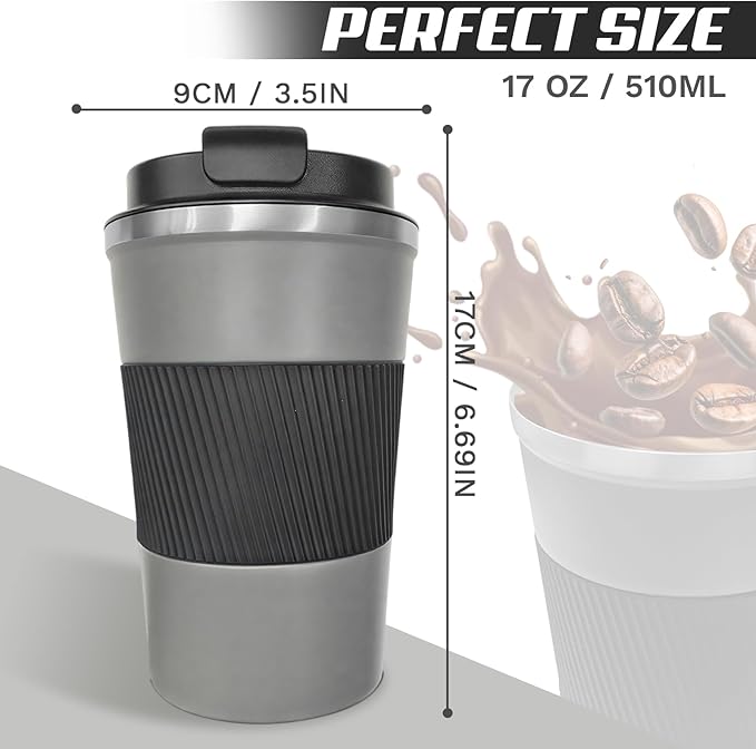 Vacuum-Insulated Stainless Steel Travel Coffee Mug, Leak-Proof Reusable Coffee Cup with Lid-Keeps Drinks Hot & Cold for Hours, Durable Double Wall Tumbler for Men & Women (3rd-Grey, 17OZ)