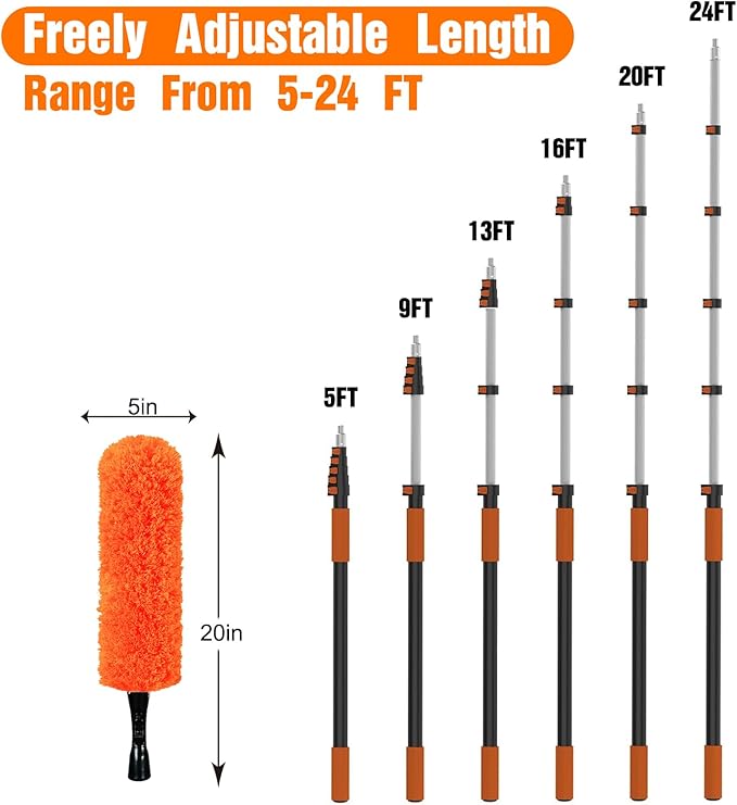 30FT High Reach Duster Cleaning Kit with Extension Pole, High Ceiling Fan Cleaner Duster Tool for Fan Blades, Window Washing Kit with Microfiber Feather Duster & Window Squeegee & Bucket