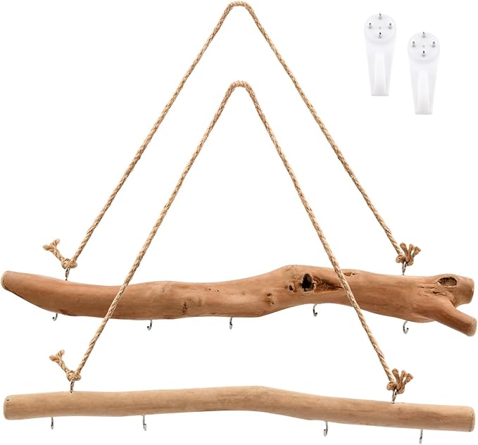 15Inch Driftwood Wall Hanging Jewelry Organizer - 2pcs Rustic Wood Tree-Shaped Wall Decor with 4/5 Hooks for Rustic, Boho & Farmhouse Home