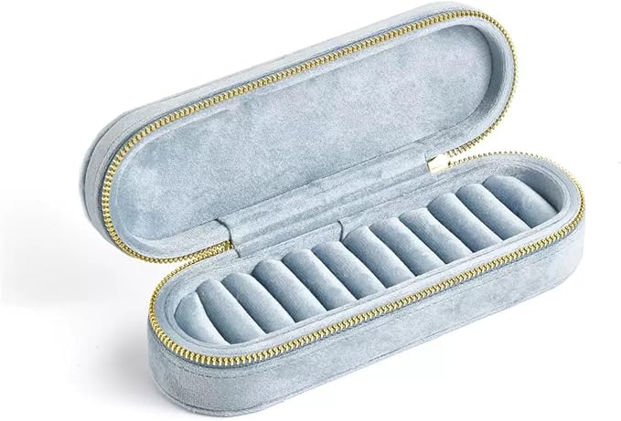 Velvet Ring Earrings Storage Box with 11 Slots, Ear Stud Holder, Zipper Closure Jewelry Organizer (Light Blue)