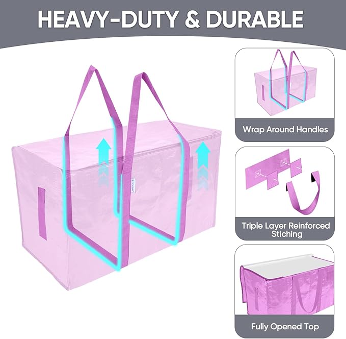 TICONN 8 Pack Extra Large Moving Bags Heavy Duty with Zippers & Carrying Handles, Durable Storage Bags Moving Boxes for Closet Organizers and Storage (8 Pack, Pink)