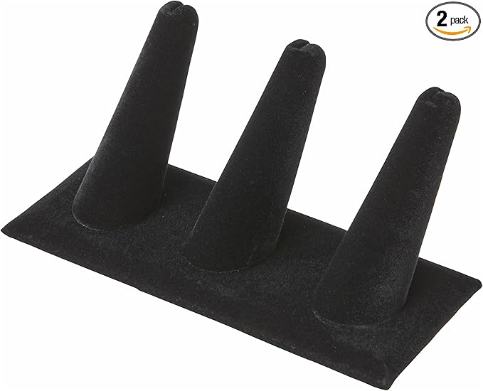 Plymor Black Velvet Ring Finger Display, Three on Rectangular Base, 4.875" W x 2.25" D x 2" H (Pack of 2)