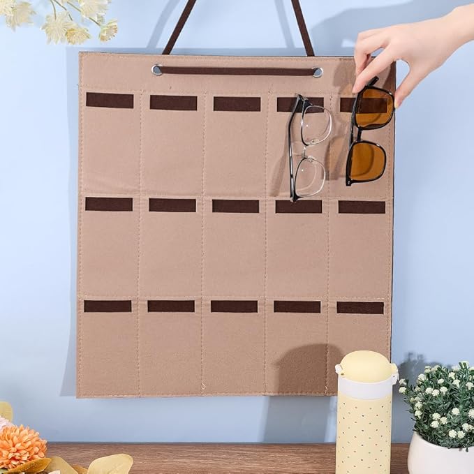 CREATCABIN Wall Hanging Sunglasses Bag Brown Wall Mounted Dust Proof Sunglasses Storage Bag Protable Foldable Jewelry Organizer with 15 Slots for Makeup Room Bussiness Travel Carrying 5.7x3in