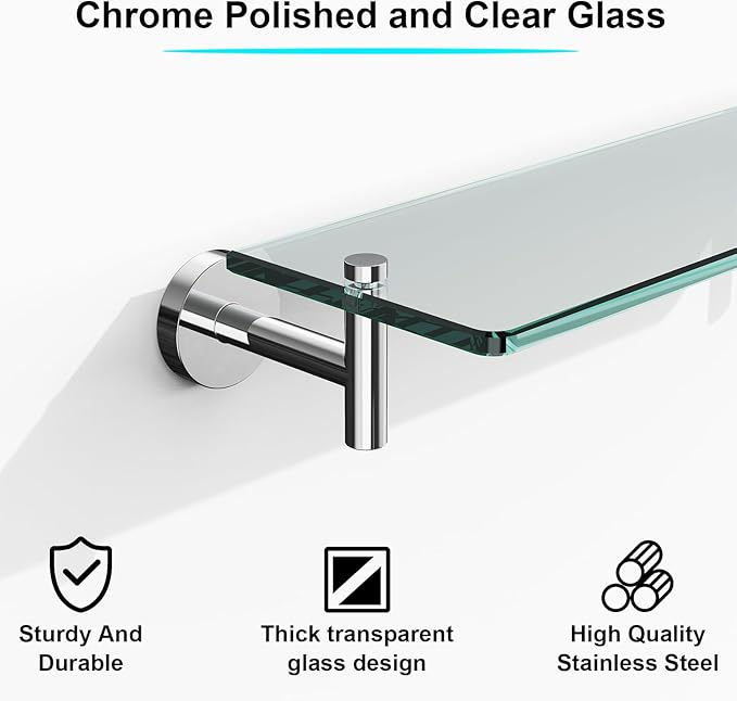 Glass Shelves for Bathroom,16-Inch Chrome Polished Floating Bathroom Shelf Stainless Steel Tempered Glass Shelf Modern Shelves Wall Mounted