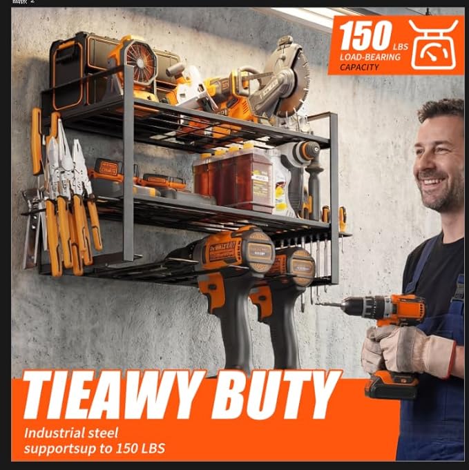 Power Tool Organizer, Wall Mount for 4 Drills, 3 Layer Duty Metal Tool Rack with Screwdriver and Hammer Holder, Work Shop,Garage Storage,150Lbs Load Capacity