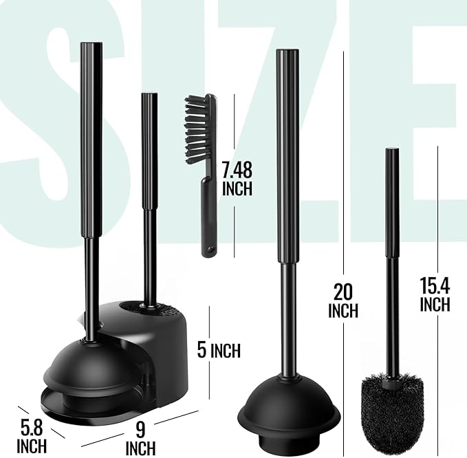 2PACK 3 in 1 Toilet Brush and Plunger Set with Crevice Cleaning Brush, Toilet Plunger and Brush Set with Extra Long Handle, Plungers for Bathroom Accessories, Toilet Plunger with Holder, Black