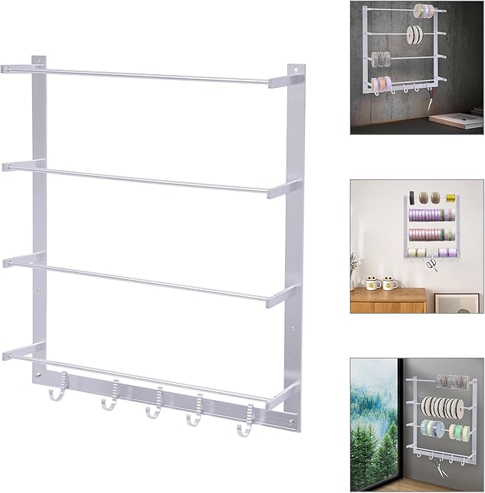 MOCHAG Craft Ribbon Holder Organizer Storage Rack, 4 Tier Wall Mount Retail Display Scarf &Tie Rack with 5 Hooks, Wire Spool Rack Ribbons Roll Storage Sewing Tool Rack for Home Clothing Retail Store