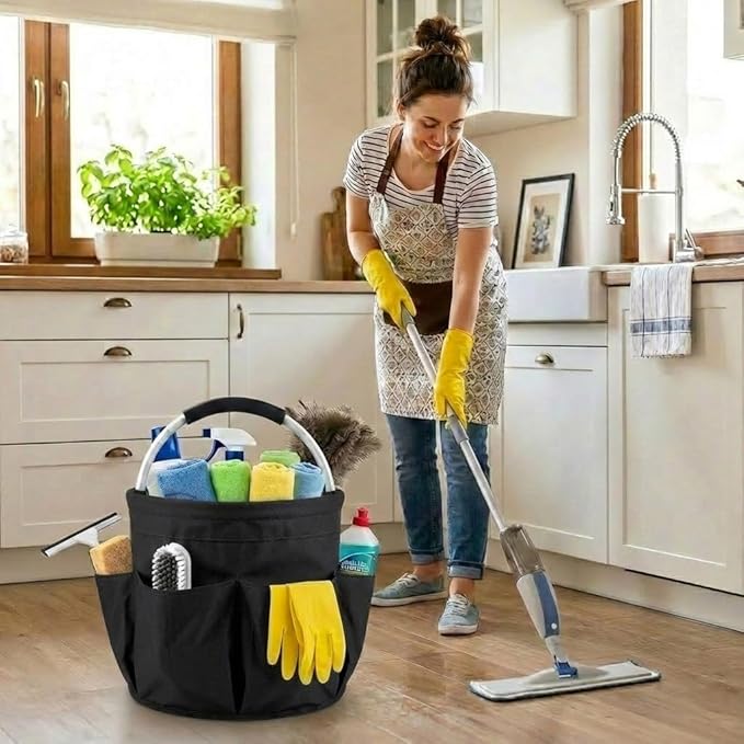 Multifunctional 17L Cleaning Caddy,Foldable 600D Organizer Bag with EVA Grip and 6 Pockets,Portable Storage Tote for Housekeeping,Car Detailing,Garden,Bathroom and Dorm (black)