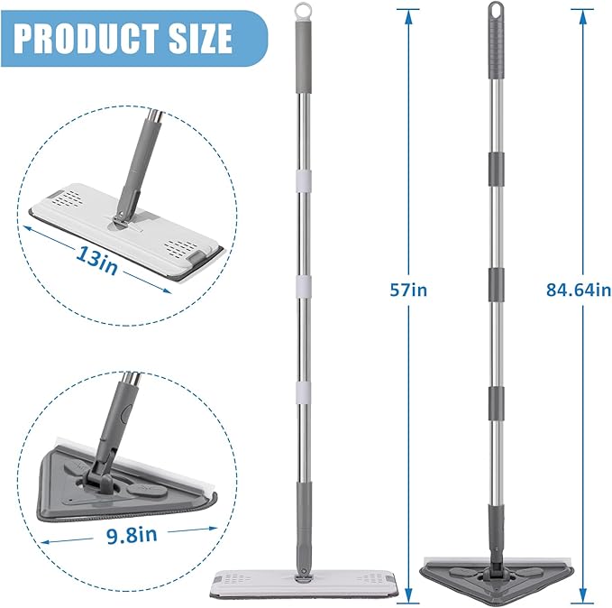 Mops for Floor Cleaning with 57" Long Handle, Wall Cleaner Mop with 84'' Handle, 2 Reusable Pads, Wet and Dust Mopping for Hardwood, Laminate, Tile Floor, Wall, Ceiling, 7Pcs Gray