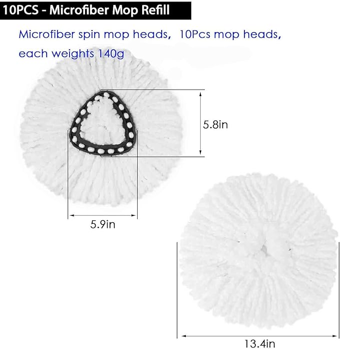 10Pack Spin Mop Replacement Heads,Spinning Mop Replace Head for Easy Wring Mop, 100% Microfiber Mop Head Replacement Compatible with Triangle Spin Mop Refill for Floor Cleaning,White