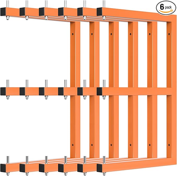 Lumber Rack Wall-Mounted Lumber Storage Rack, Heavy Duty Wood Storage Racks with 9-Level System, 1980 LB Sturdy Garage Wood Organizer, Orange Lumber Metal Racks for Indoor and Outdoor (6 Pack)