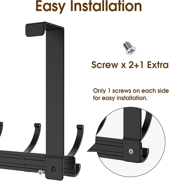 Over The Door Hooks Hanger with Extended Arms, Fit 1 3/8" Door, Tool-Free Assembly, F7U, Towel Rack Organizer Holder - Black