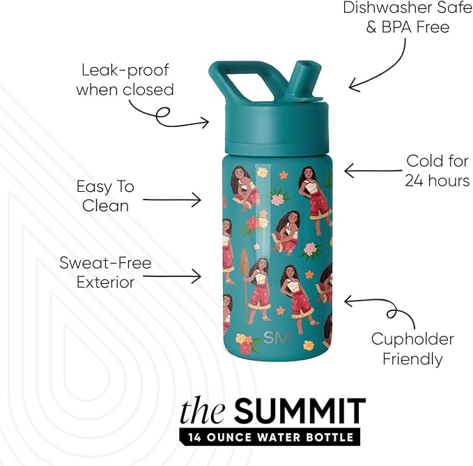 Simple Modern Kids Summit Water Bottle with Straw Lid | Disney Moana 14oz Stainless Steel Cup Insulated Tumbler for Girls, School | Moana Oceana