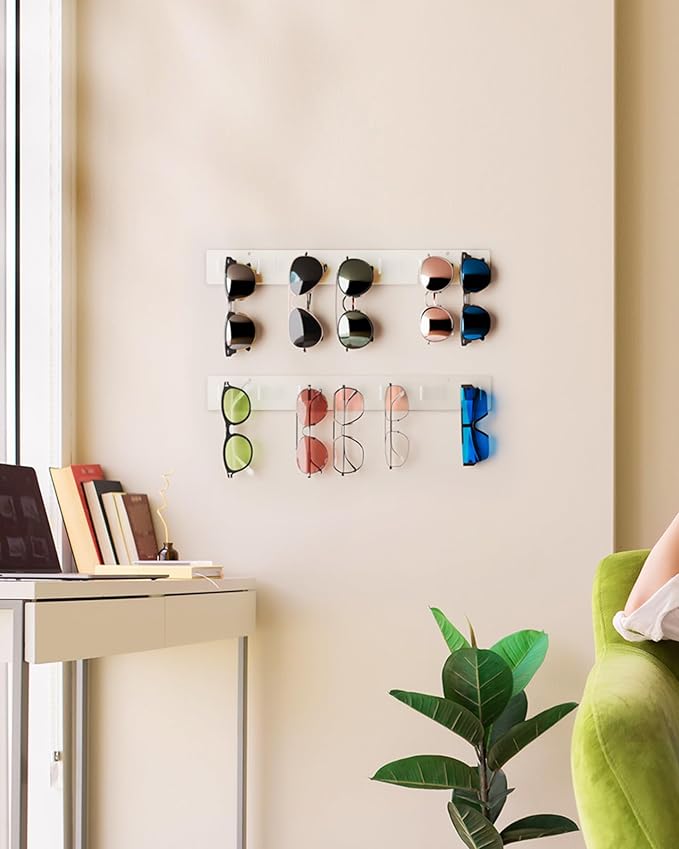 MaxGear Sunglasses Organizer Wall Mount, 2-Pack Acrylic Eyewear Display Holder with 14 Slots, for Glasses/Sunglasses Storage, Includes Adhesive Tape & Screws, Clear Wall Mounted Shelf for Closet, Door