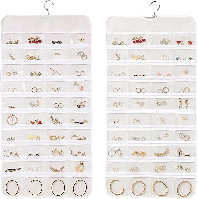 Muka Hanging Jewelry Organizer, Double Sided Foldable 80 Pockets Closet Jewelry Organizer Storage with Hanger, White