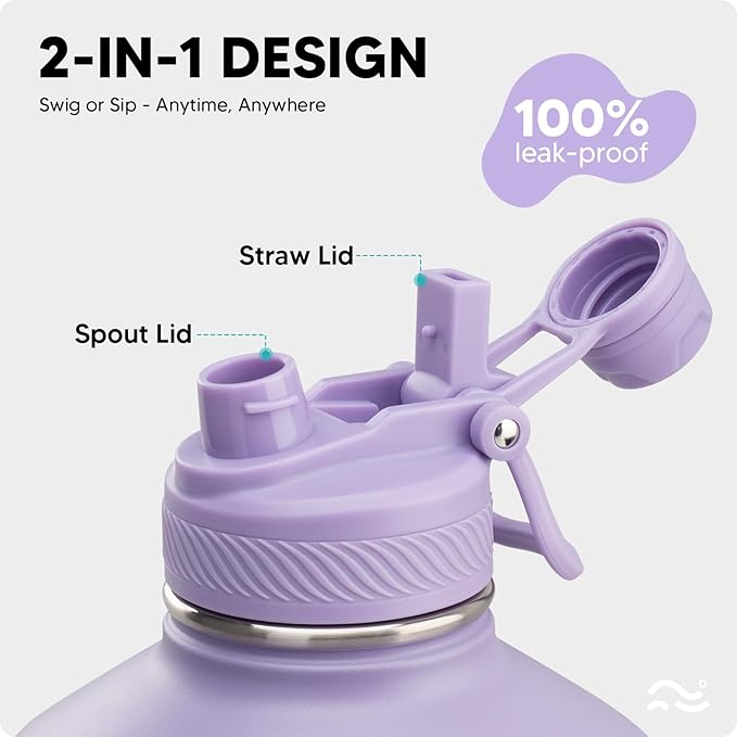 [2-IN-1 LID] Gallon Insulated Water Bottle with Silicone Boot (48hrs Cold/24hrs Hot) - DIY Stickers, Leakproof, BPA Free, 128 oz