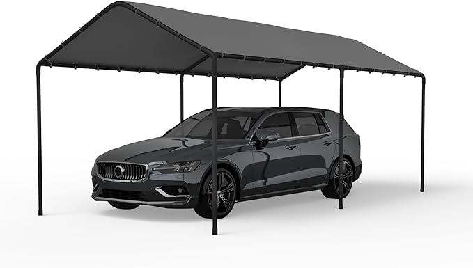 Carport, 10‘ x 20’ Heavy Duty Portable Garage All-Season Car Canopy, Outdoor Garage Boat Shelter Carport Canopy Party Tent w/Water-Resistant Tarp for Backyard (Grey, 10' x 20' /no Side)