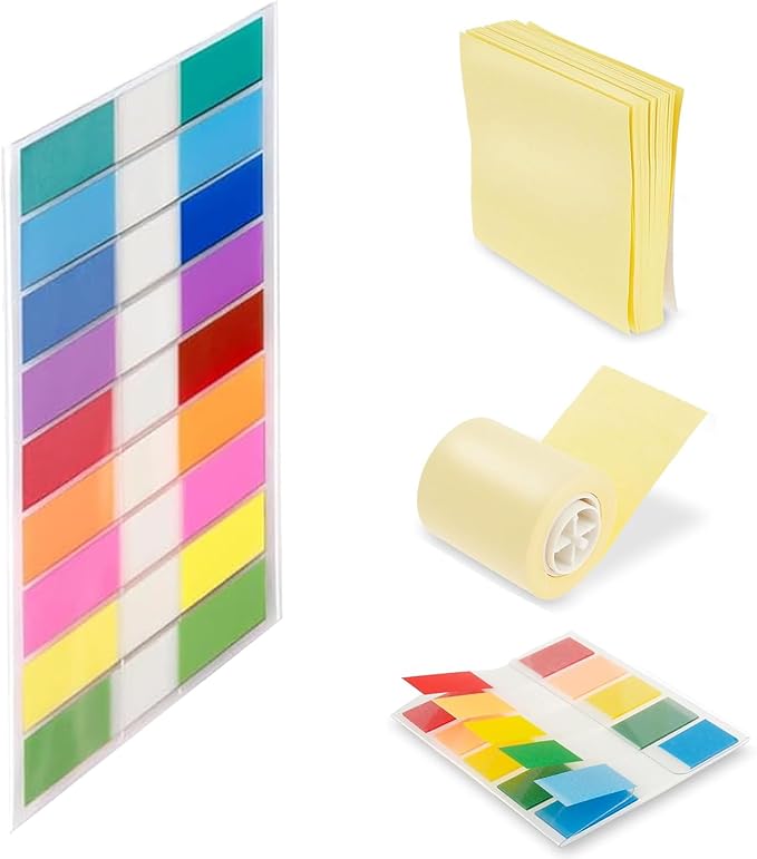 5-in-1 Sticky Note Dispenser Set Refill, Sticky Note Holder Refill - Includes 2 Colorful Translucent Index Label Sets, 100 (Sheets) Pop Up Sticky Notes, 33ft (10m) Sticky Note Rolls
