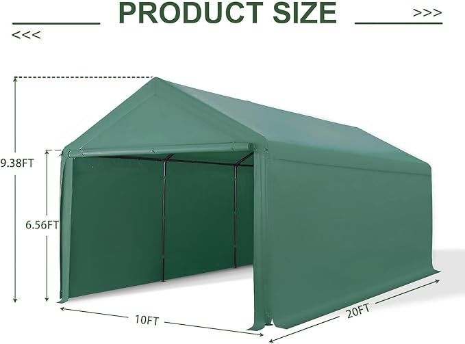 Carport 10x20 Ft Heavy Duty Canopy Steel Canopy Storage Shed,Portable Party Tent,Portable Garage with Removable Sidewalls & Doors All-Season Tarp for Carport Floor Fixing (Green)