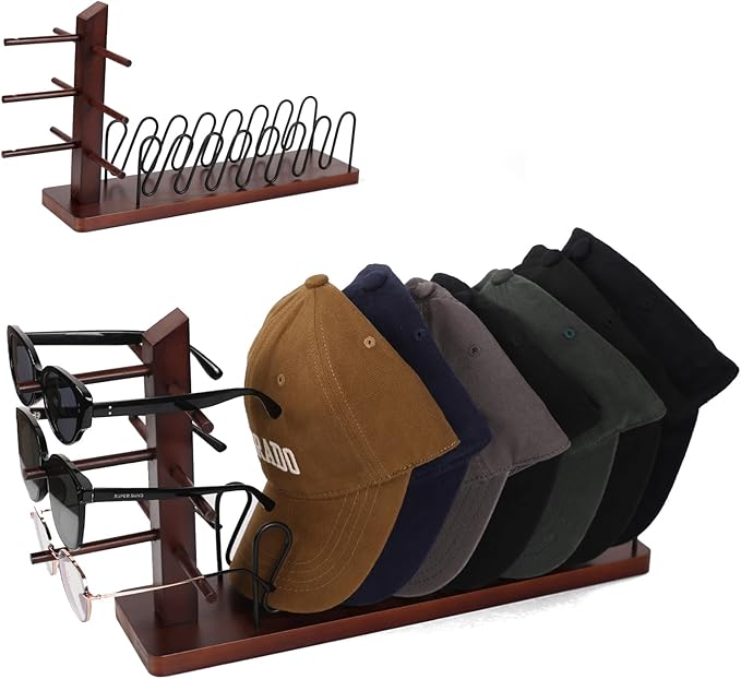 2-In-1 Hat Stand Rack for Baseball Caps Wood Hat Organizer with Eyeglasses Holder Sunglasses Organizer Space-Saving Closet Shelf Organizer for Bedroom Entryway