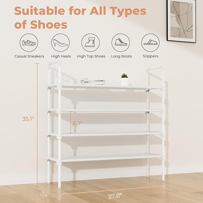 4 Tier Shoe Rack for Closet Shoe Organizer with 5 Hooks, Long Shoe Shelf Storage for Shoe and Boot Stackable Free Standing Shoe Rack for Entryway, Garage, Small Spaces, Dorm, White