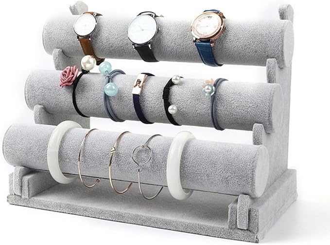 3 Tier Velvet Jewelry Organizer Stand, Detachable Bracelet Holder, Gray and Black, 12.2 x 9.25 Inches (Gray)