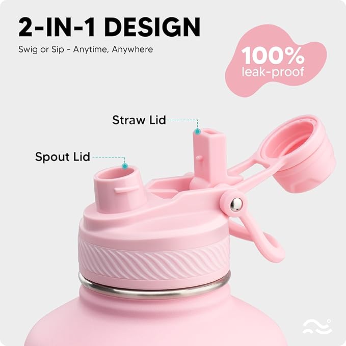 [2-IN-1 LID] 64 oz Insulated Water Bottle with Silicone Boot (48hrs Cold/24hrs Hot) - DIY Stickers, Leakproof, BPA Free, Half Gallon