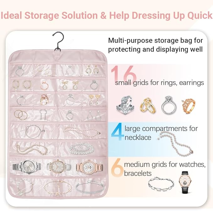 Upgraded 2-sided Hanging Jewelry Organizer Storage Pocket with 5 Sizes Compartments & 1 Anti-tangle Holder Hook for Necklace,Dustproof Display Pouches for Earring,Chain,Bracelet,Watches,Glasses,1 Pack