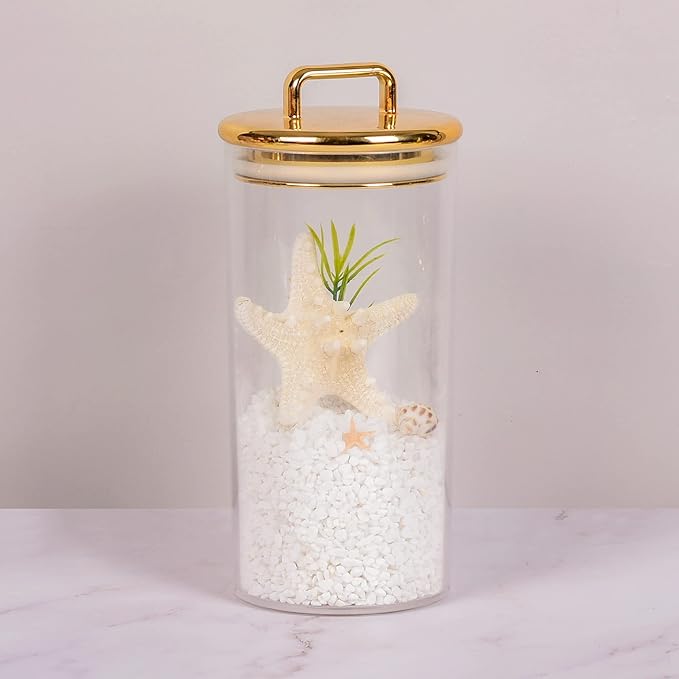 2 Pack 32 oz Large Acrylic Storage Apothecary Jar with Gold Airtight Lid | Bathroom Vanity Organizer Containers | Ideal Decorative Canisters for Shells, Bath Salt, Grains, Cotton Ball, Flossers