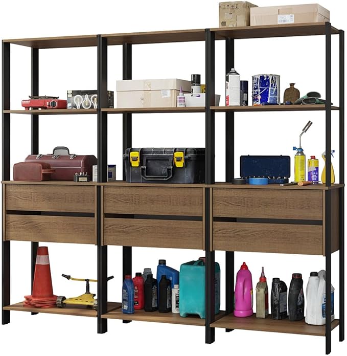 Madesa Garage Storage Rack with 6 Drawers and Open Shelves 82" L Multiuse Modular Organization Cabinet for Tools (Black/Brown)