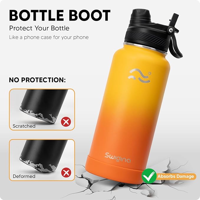 [2-IN-1 LID] Insulated Water Bottle with Silicone Boot (36hrs Cold/18hrs Hot) - DIY Stickers, Leakproof, BPA Free, 32 oz