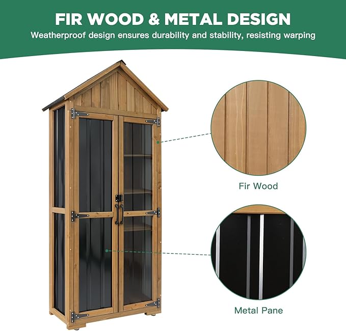 Outdoor Storage Cabinet, Wood & Metal Storage Shed with Weather-Resistant Roof, Adjustable Shelf, Lockable Doors & Adjustable Feet, for Garden, Patio, Backyard, 27.5" x 13" x 67"