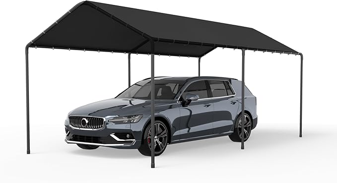 Carport, 10‘ x 20’ Heavy Duty Portable Garage All-Season Car Canopy, Outdoor Garage Boat Shelter Carport Canopy Party Tent w/Water-Resistant Tarp for Backyard (Black, 10' x 20' /no Side)