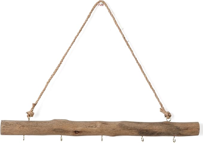 BYHER 15-Inch Driftwood Wall Hanging Jewelry Hanger - Rustic Wood Logs Hanging Branch Decor with 5 Hooks, Handcrafted from Natural Drift Wood Pieces for Crafts (Rustic)