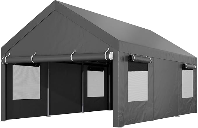 Shintenchi 12x20 FT Heavy-Duty Design Carport,Portable Garage Canopy,Carport Canopy with Side-Opening Removable Door & Roll-Up Window,Portable Car Port for Car, Truck, Boat,Grey