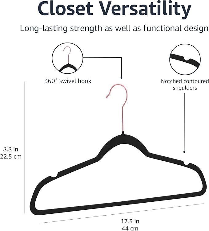 Amazon Basics Slim Velvet Non-Slip Space Saving Suit Clothes Hangers for Closet Organization, Black/Rose Gold, 50-Pack