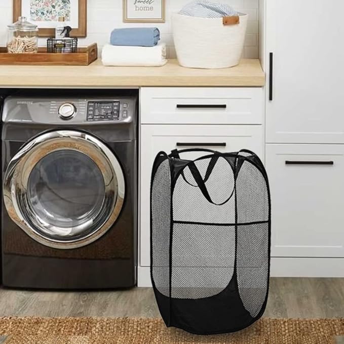 BATTOO Deluxe Strong Mesh Pop up Laundry Hamper Basket with Side Pocket Foldable Hamper for Laundry Room, Bathroom, Kids Room, College Dorm or Travel Navy + Black