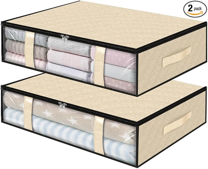 StorageRight Under Bed Storage Bins, 2-Pack 40L Foldable Fabric Storage Bags with Transparent Window, Breathable Organizer for Clothes/Blanket/Comforter/Quilts,Beige